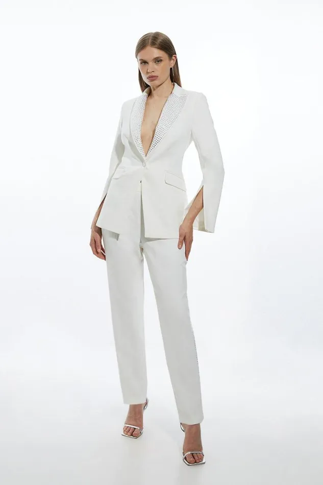 Coats and Jackets Women Karen Millen Tall Clean Tailored Hot Fix Single Breasted Open Sleeve Blazer Ivory