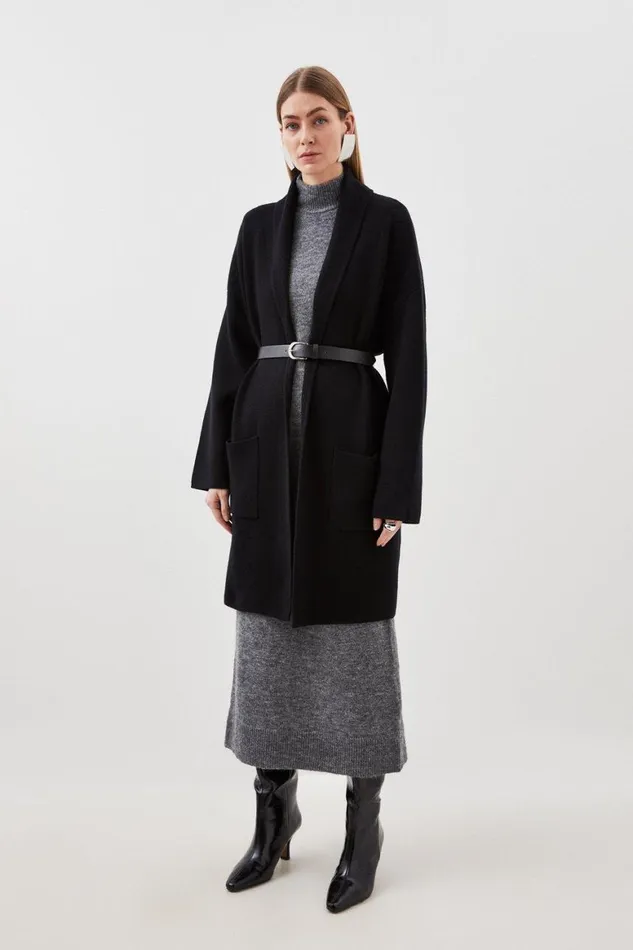 Coats and Jackets Women Karen Millen Viscose Blend Belted Knit Coatigan Black Coats and Jackets Women Karen Millen Viscose Blend Belted Knit Coatigan Black
