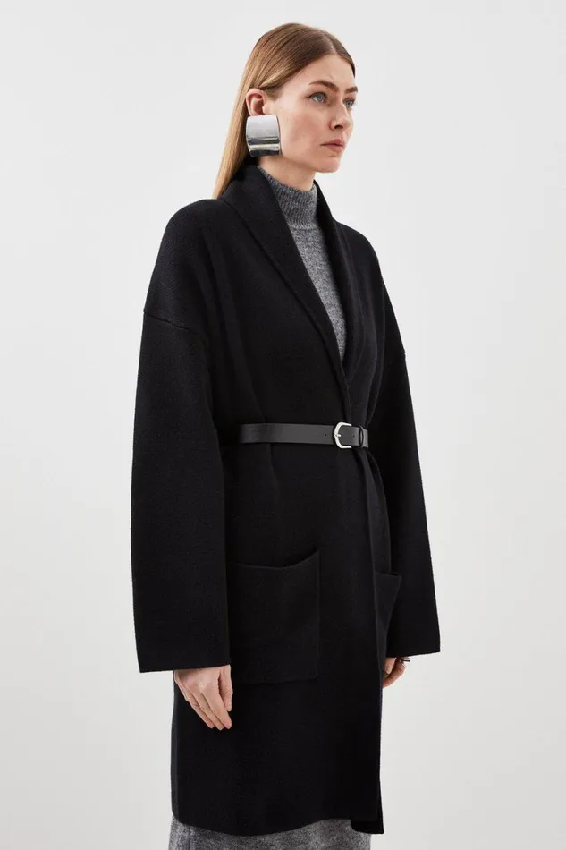 Coats and Jackets Women Karen Millen Viscose Blend Belted Knit Coatigan Black