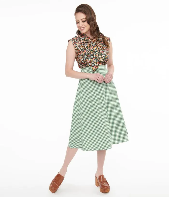 Collectif 1930s Green and White Gingham Hetty Swing Skirt Clothing Unique Vintage Skirts Collectif 1930s Green and White Gingham Hetty Swing Skirt Clothing Unique Vintage Skirts