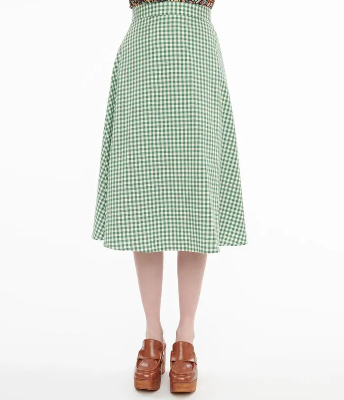 Collectif 1930s Green and White Gingham Hetty Swing Skirt Clothing Unique Vintage Skirts