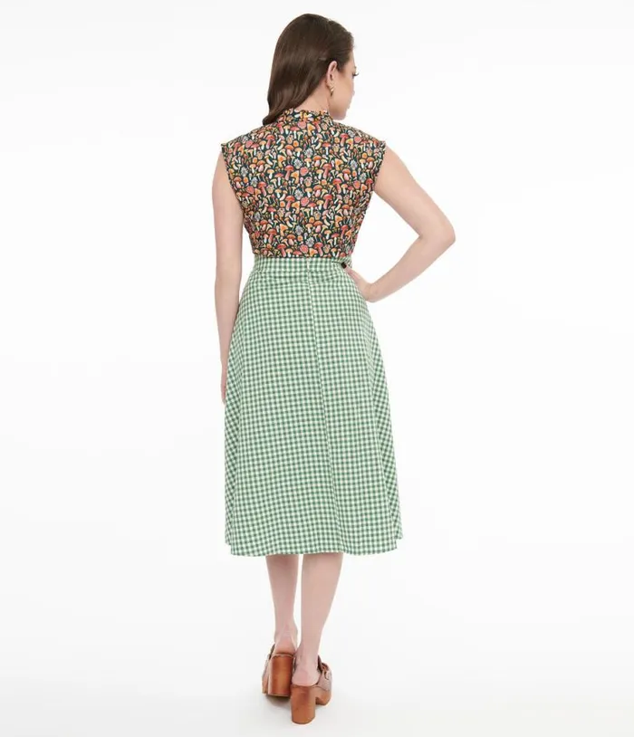 Collectif 1930s Green and White Gingham Hetty Swing Skirt Clothing Unique Vintage Skirts