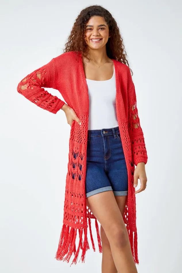 Coral Crochet Fringe Hem Longline Cardigan Women Roman Knitwear