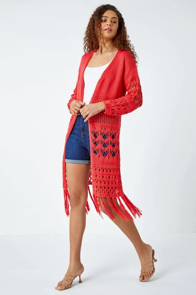 Coral Crochet Fringe Hem Longline Cardigan Women Roman Knitwear