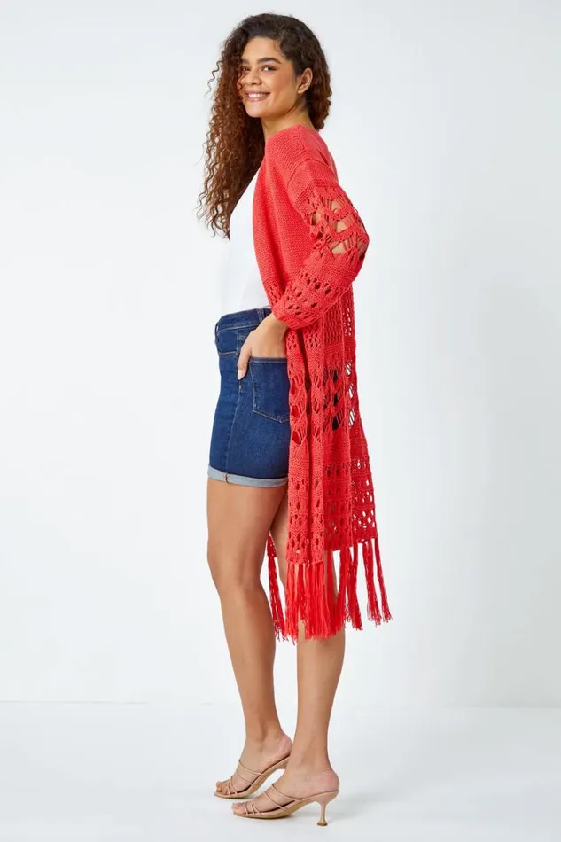 Coral Crochet Fringe Hem Longline Cardigan Women Roman Knitwear