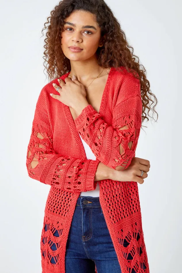 Coral Crochet Fringe Hem Longline Cardigan Women Roman Knitwear