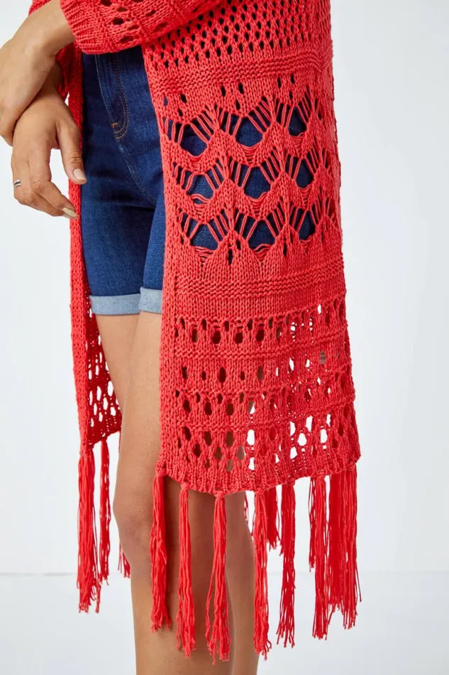Coral Crochet Fringe Hem Longline Cardigan Women Roman Knitwear
