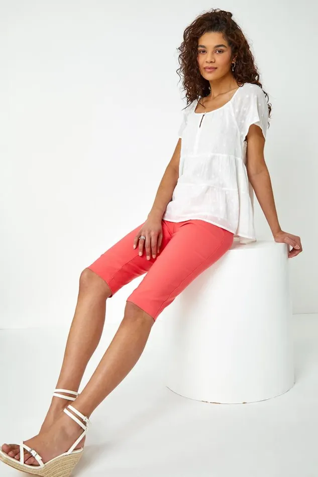 Coral Knee Length Elastic Waist Stretch Shorts Women Roman Coords