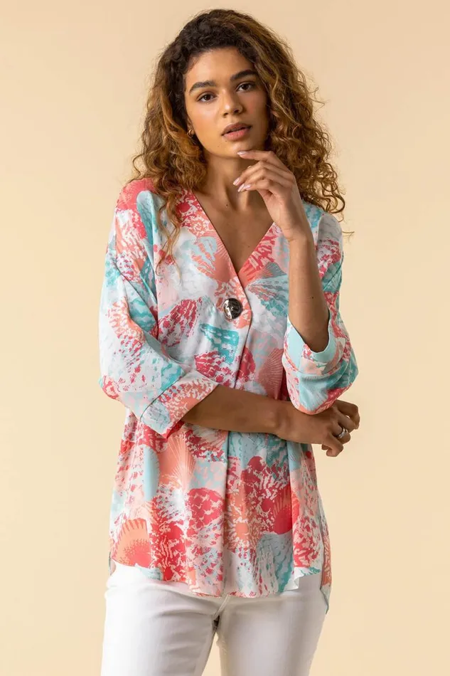 Coral Shell Print Button Detail Kimono Tunic Top Women Roman Tops