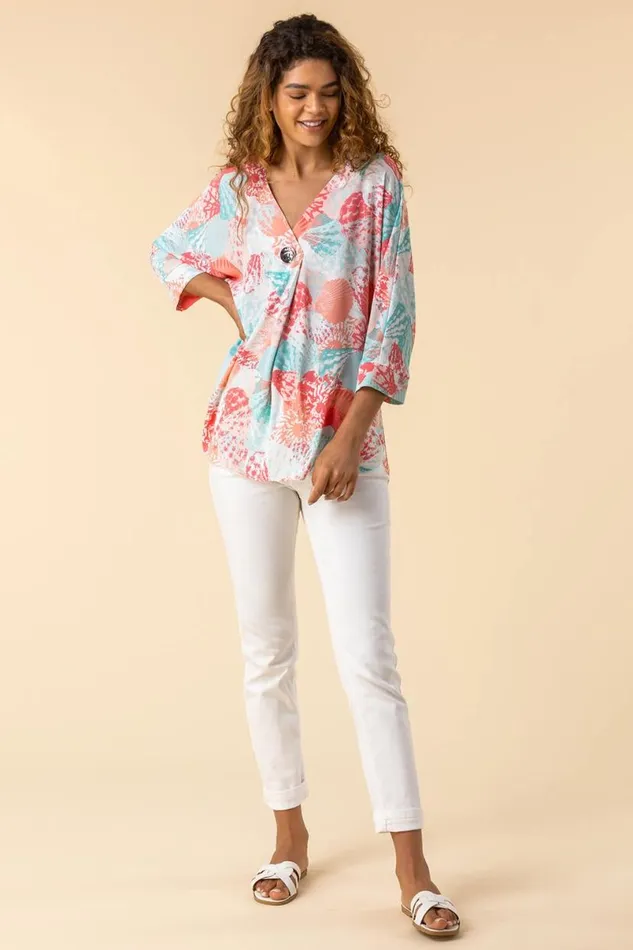 Coral Shell Print Button Detail Kimono Tunic Top Women Roman Tops
