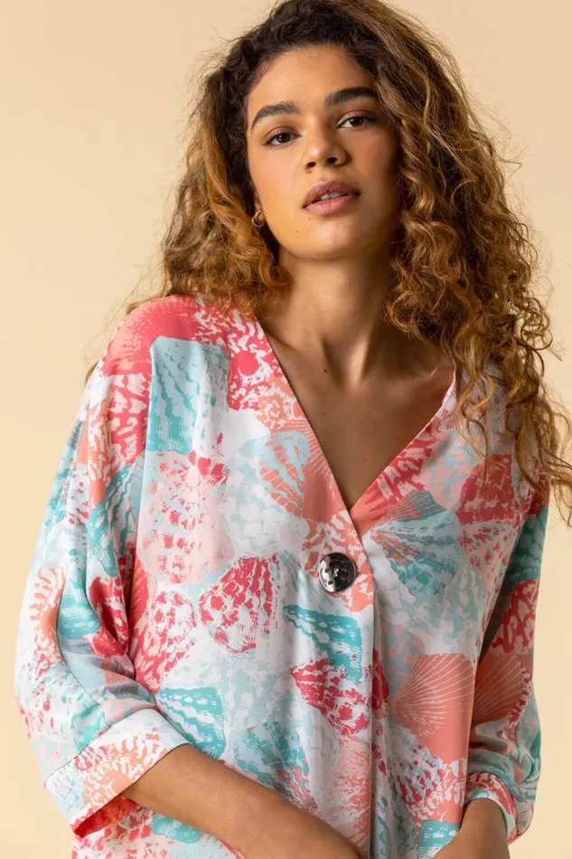 Coral Shell Print Button Detail Kimono Tunic Top Women Roman Tops