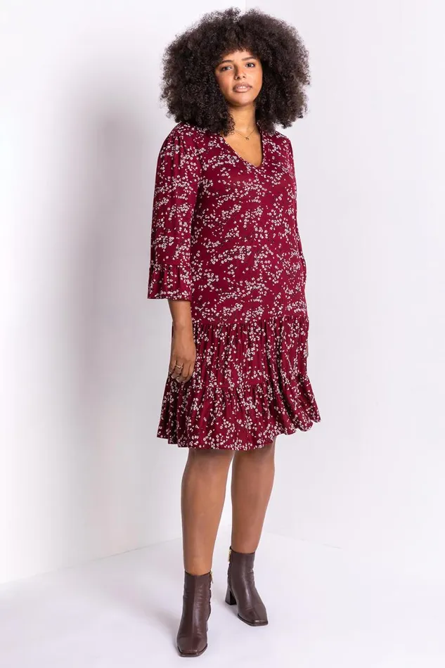 Curve Floral Print V Neck Dress Women Roman Dresses