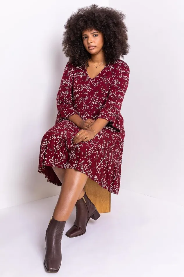 Curve Floral Print V Neck Dress Women Roman Dresses