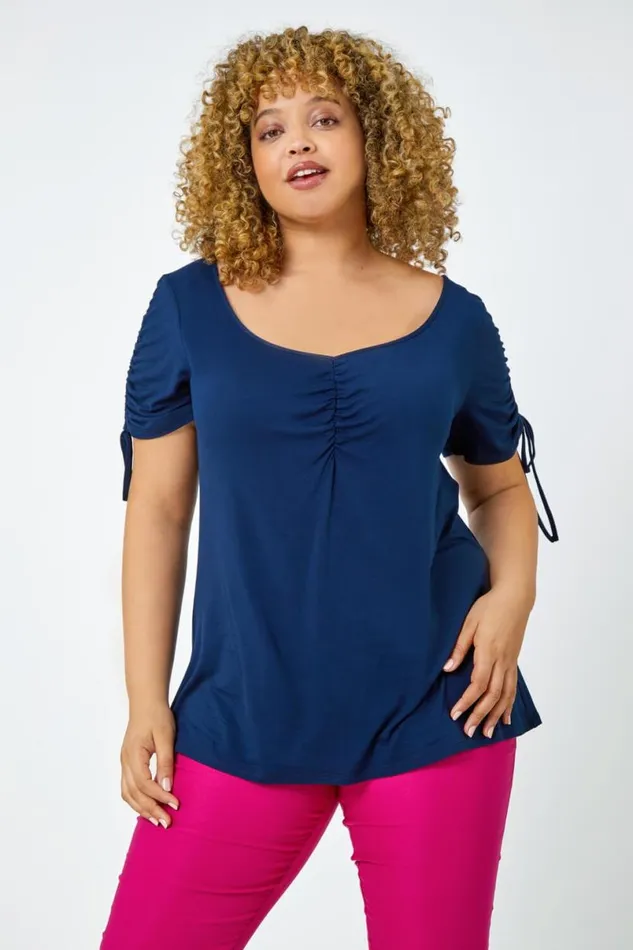 Curve Plain Ruched Tie Top Women Roman Tops