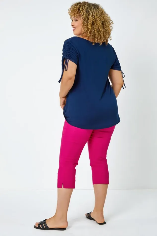 Curve Plain Ruched Tie Top Women Roman Tops