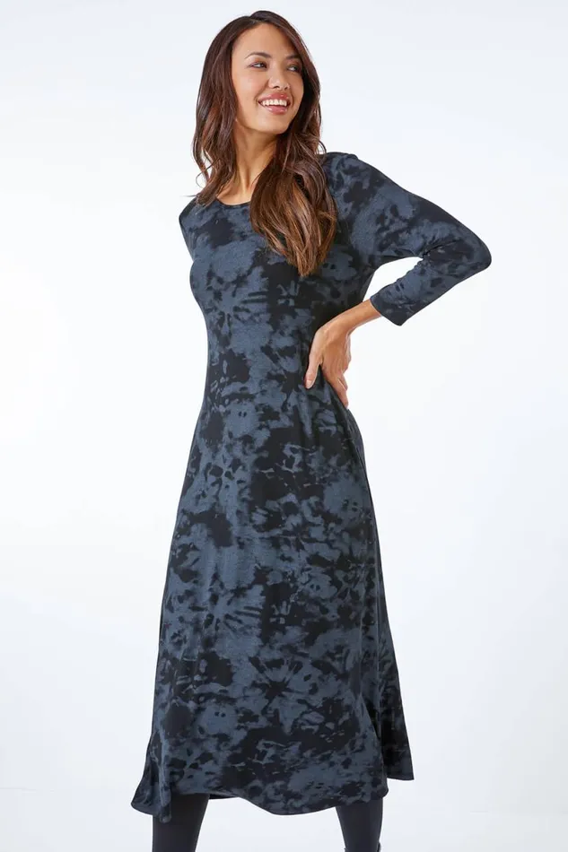 Dark Grey Tie Dye Pocket Jersey Midi Dress Women Roman Dresses