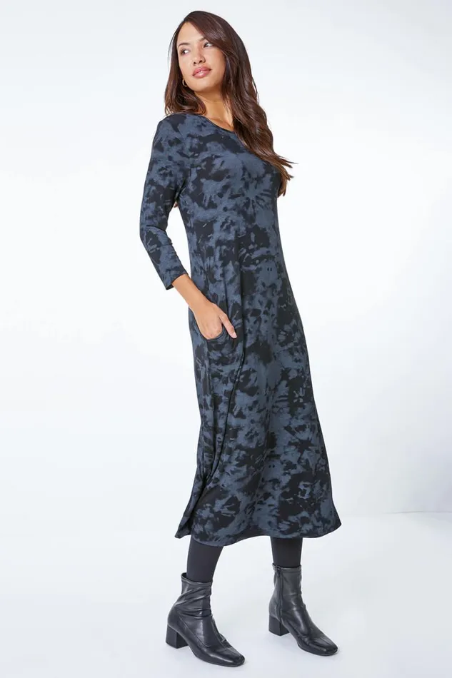 Dark Grey Tie Dye Pocket Jersey Midi Dress Women Roman Dresses