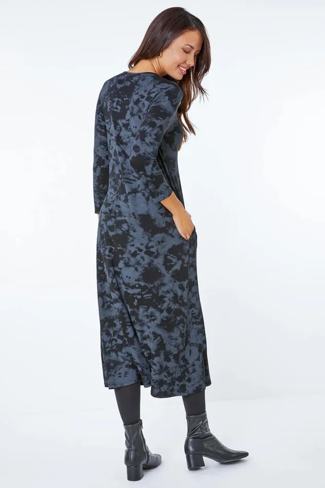 Dark Grey Tie Dye Pocket Jersey Midi Dress Women Roman Dresses