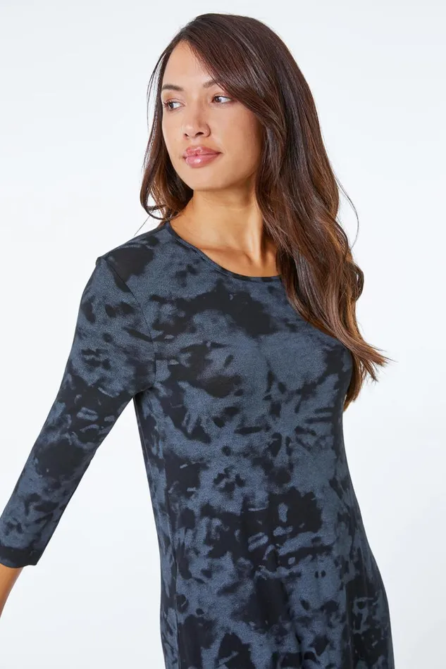 Dark Grey Tie Dye Pocket Jersey Midi Dress Women Roman Dresses