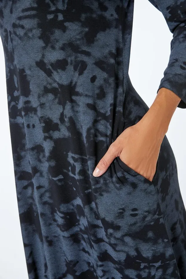 Dark Grey Tie Dye Pocket Jersey Midi Dress Women Roman Dresses