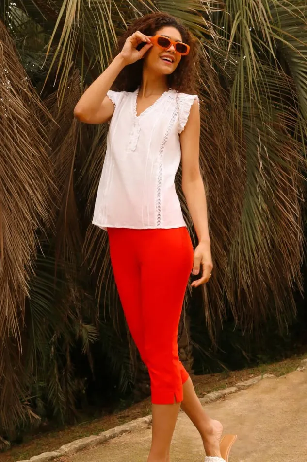 Dark Orange Elastic Waist Stretch Cropped Trousers Women Roman Trousers