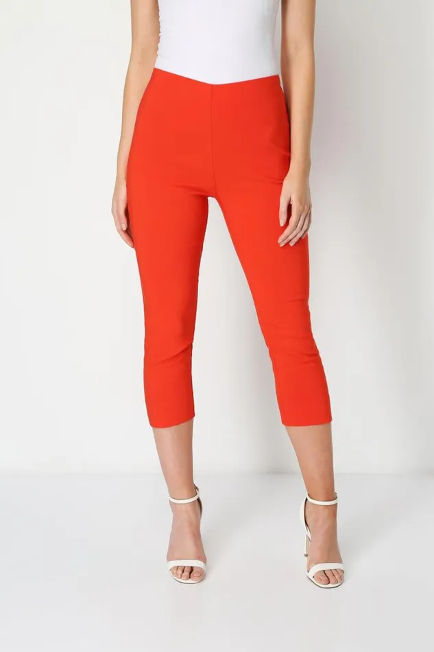 Dark Orange Elastic Waist Stretch Cropped Trousers Women Roman Trousers