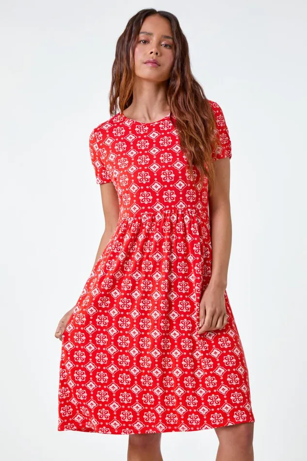 Dark Orange Petite Geometric Stretch Pocket Dress Women Roman Dresses