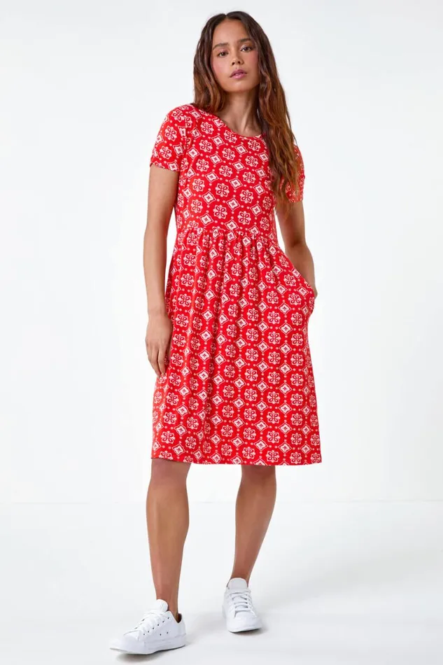 Dark Orange Petite Geometric Stretch Pocket Dress Women Roman Dresses