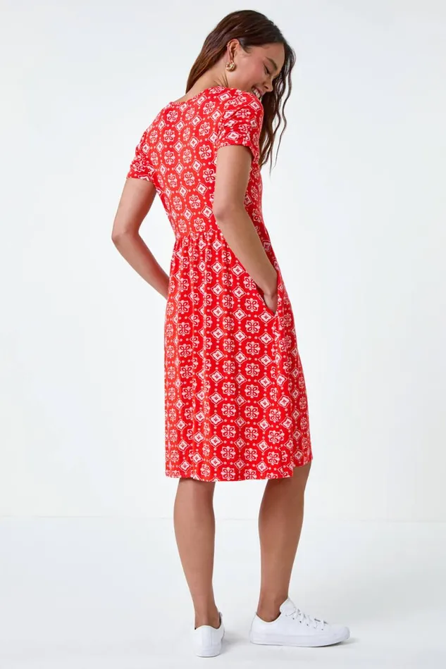 Dark Orange Petite Geometric Stretch Pocket Dress Women Roman Dresses
