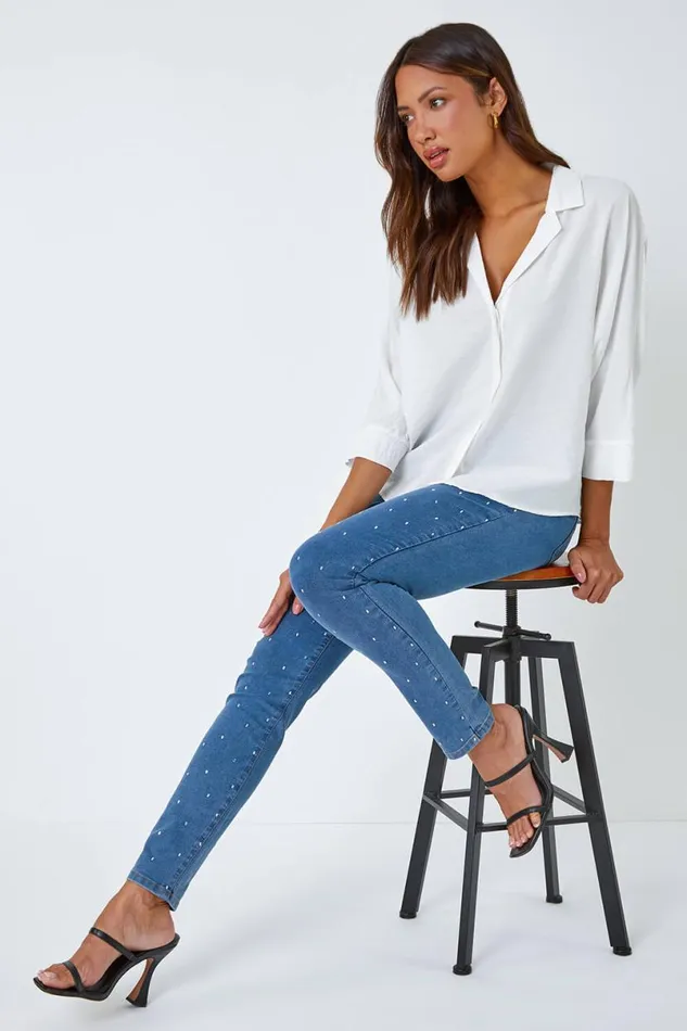 Denim Diamante Embellished Stretch Jegging Women Roman Occasionwear