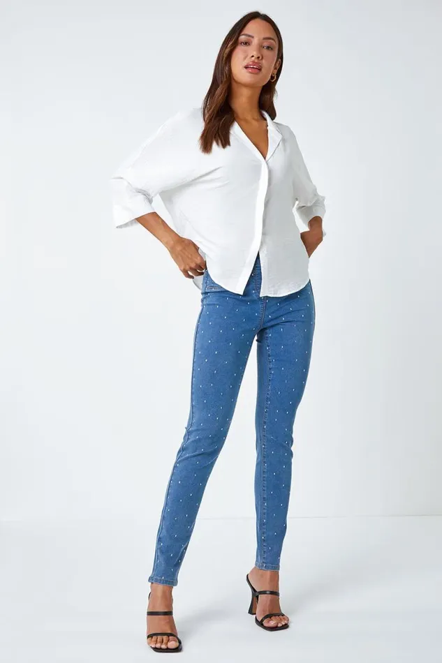 Denim Diamante Embellished Stretch Jegging Women Roman Occasionwear