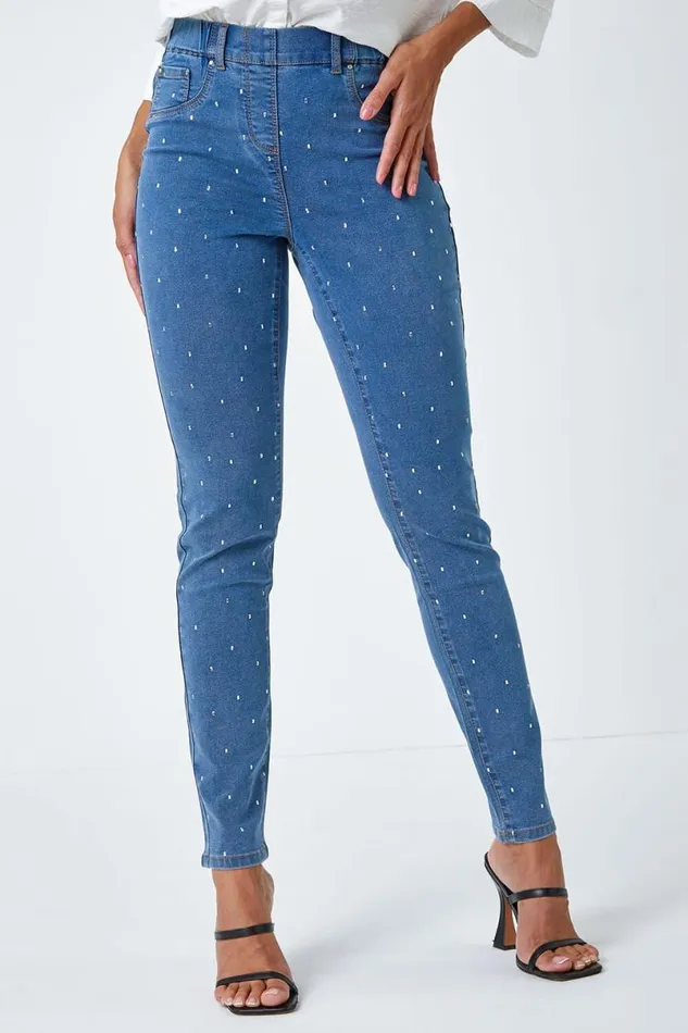 Denim Diamante Embellished Stretch Jegging Women Roman Occasionwear