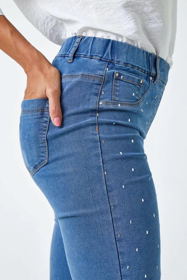 Denim Diamante Embellished Stretch Jegging Women Roman Occasionwear