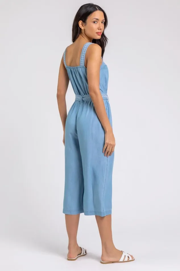 Denim Embroidered Wide Leg Jumpsuit Women Roman Dresses