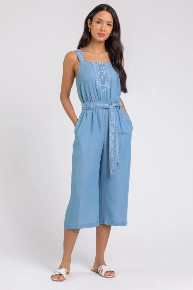 Denim Embroidered Wide Leg Jumpsuit Women Roman Dresses