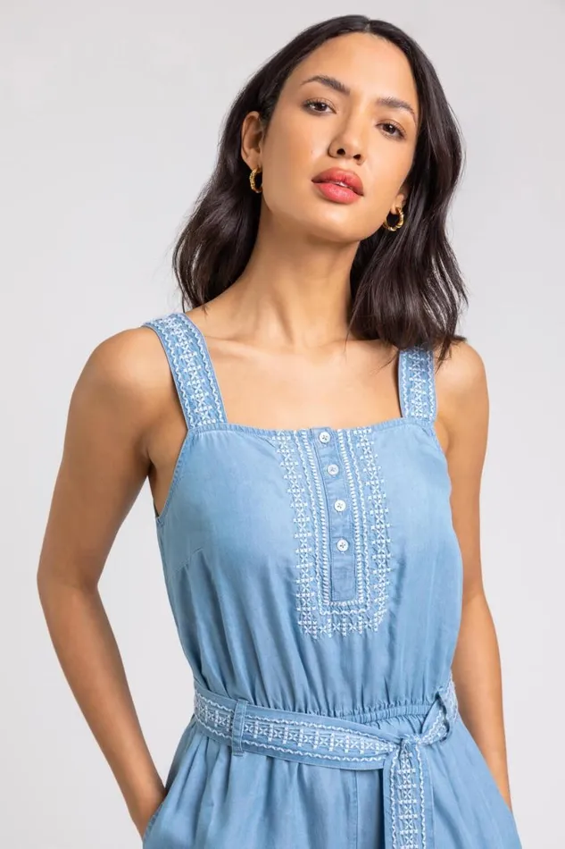 Denim Embroidered Wide Leg Jumpsuit Women Roman Dresses