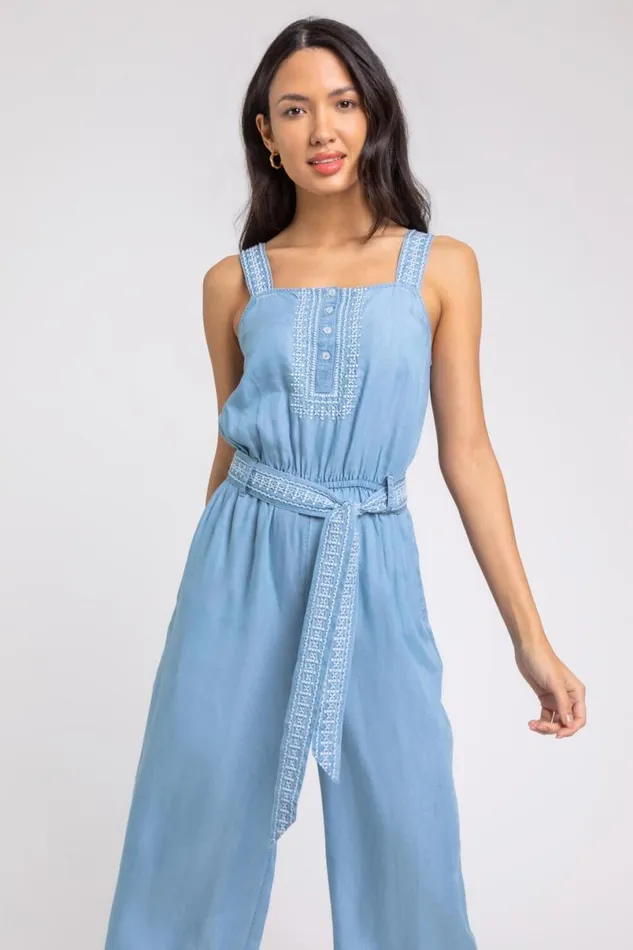 Denim Embroidered Wide Leg Jumpsuit Women Roman Dresses