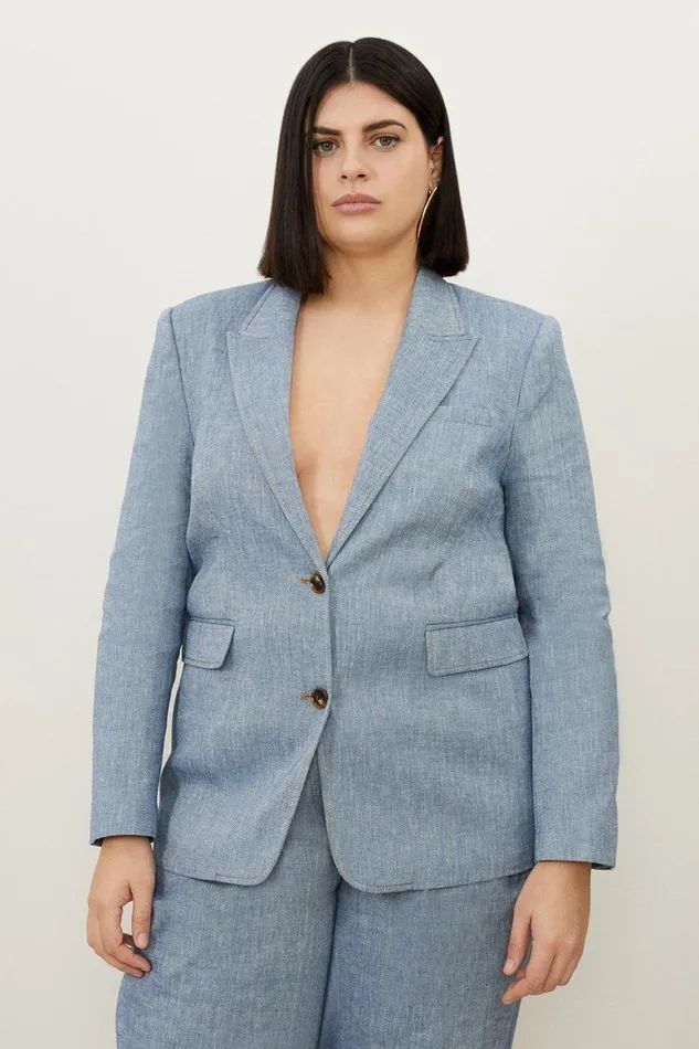Denim Women Karen Millen Plus Size Tailored Denim Look Linen Single Breasted Jacket Blue Denim Women Karen Millen Plus Size Tailored Denim Look Linen Single Breasted Jacket Blue