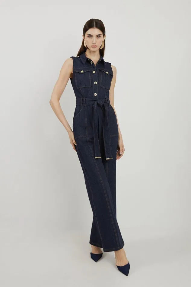 Denim Women Karen Millen Tailored Denim Belted Shirt Straight Leg Jumpsuit Indigo