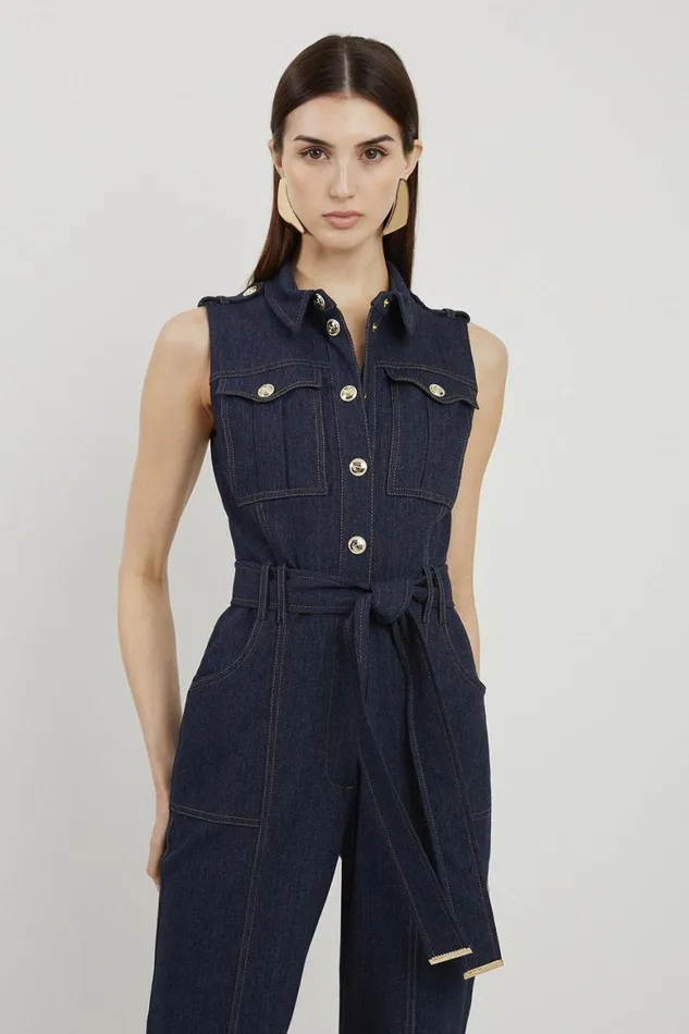 Denim Women Karen Millen Tailored Denim Belted Shirt Straight Leg Jumpsuit Indigo