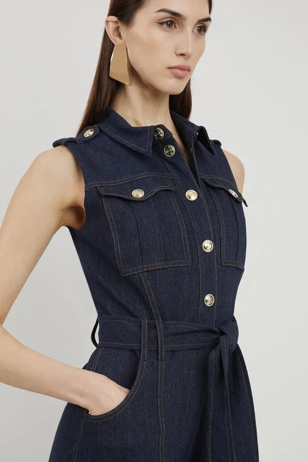 Denim Women Karen Millen Tailored Denim Belted Shirt Straight Leg Jumpsuit Indigo