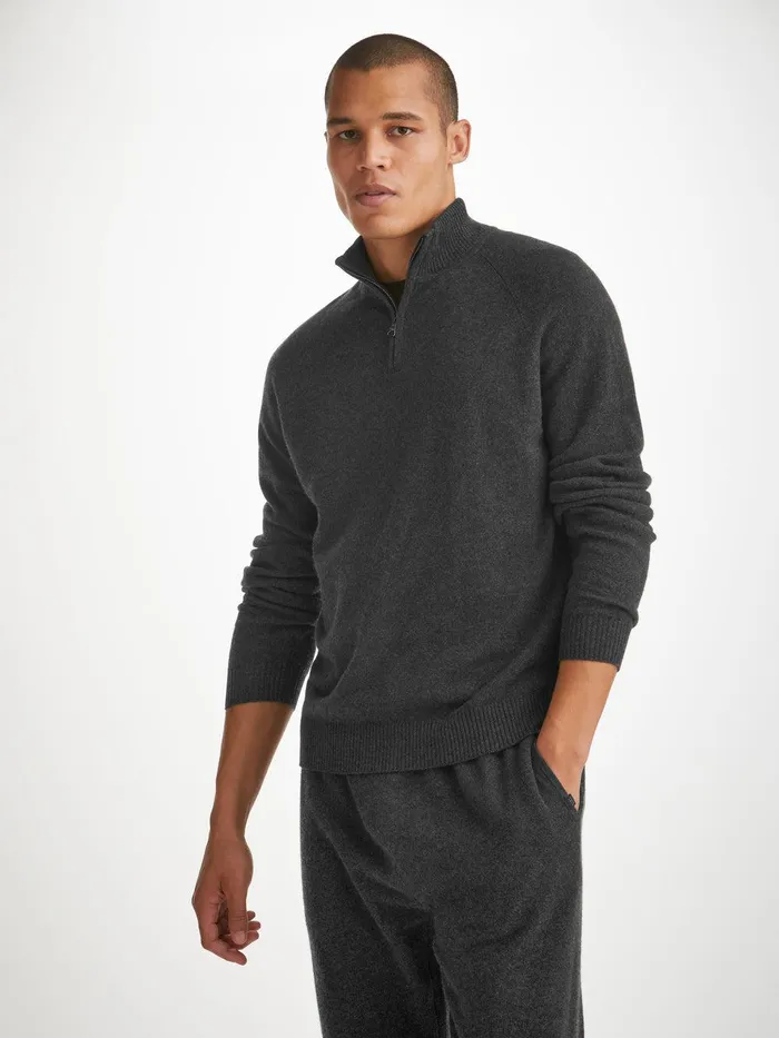 Derek Rose HalfZip Sweater Finley Cashmere Charcoal Men Cashmere Sweaters