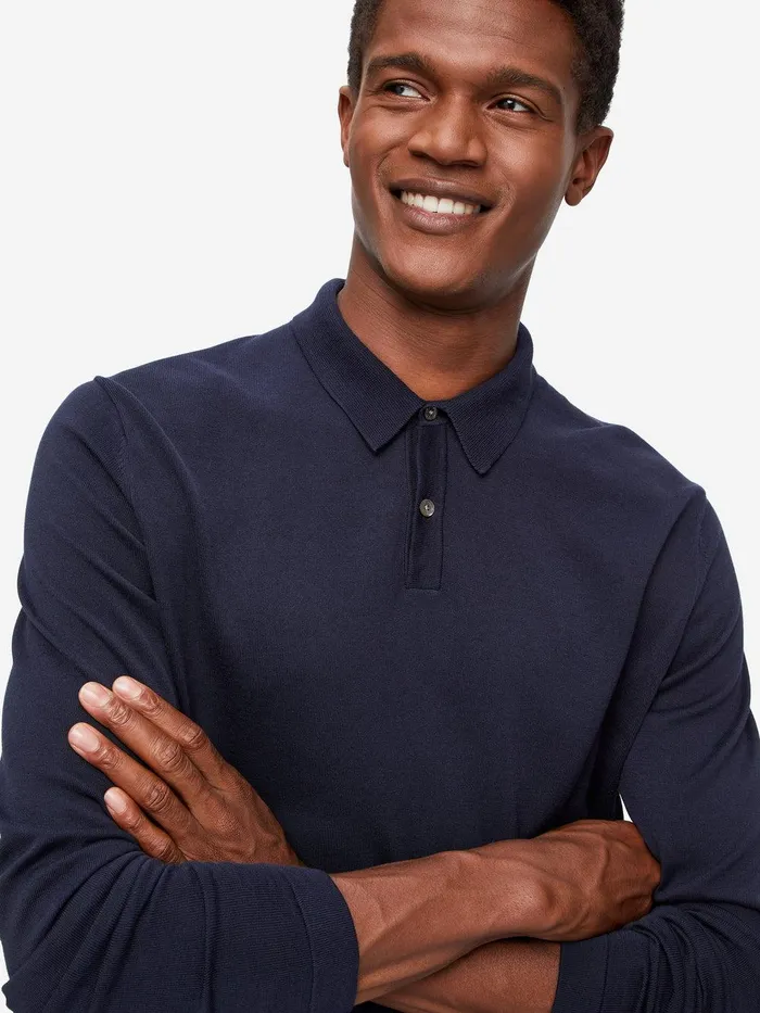 Derek Rose Long Sleeve Polo Shirt Jacob Sea Island Cotton Navy Men Casual Shirts Derek Rose Long Sleeve Polo Shirt Jacob Sea Island Cotton Navy Men Casual Shirts
