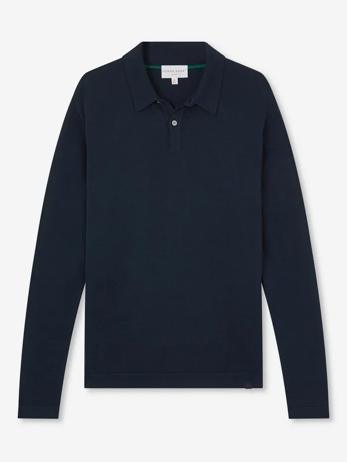 Derek Rose Long Sleeve Polo Shirt Jacob Sea Island Cotton Navy Men Casual Shirts