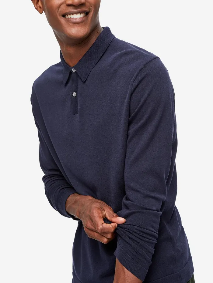 Derek Rose Long Sleeve Polo Shirt Jacob Sea Island Cotton Navy Men Casual Shirts