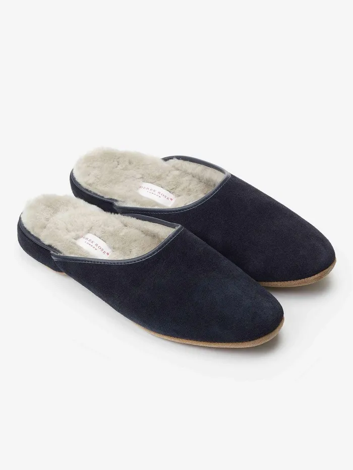 Derek Rose Mule Slippers Douglas Suede Sheepskin Navy MenSlippers Slippers