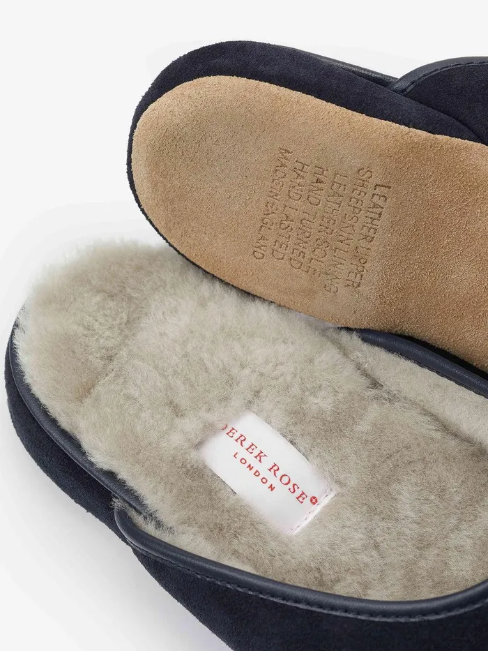 Derek Rose Mule Slippers Douglas Suede Sheepskin Navy MenSlippers Slippers
