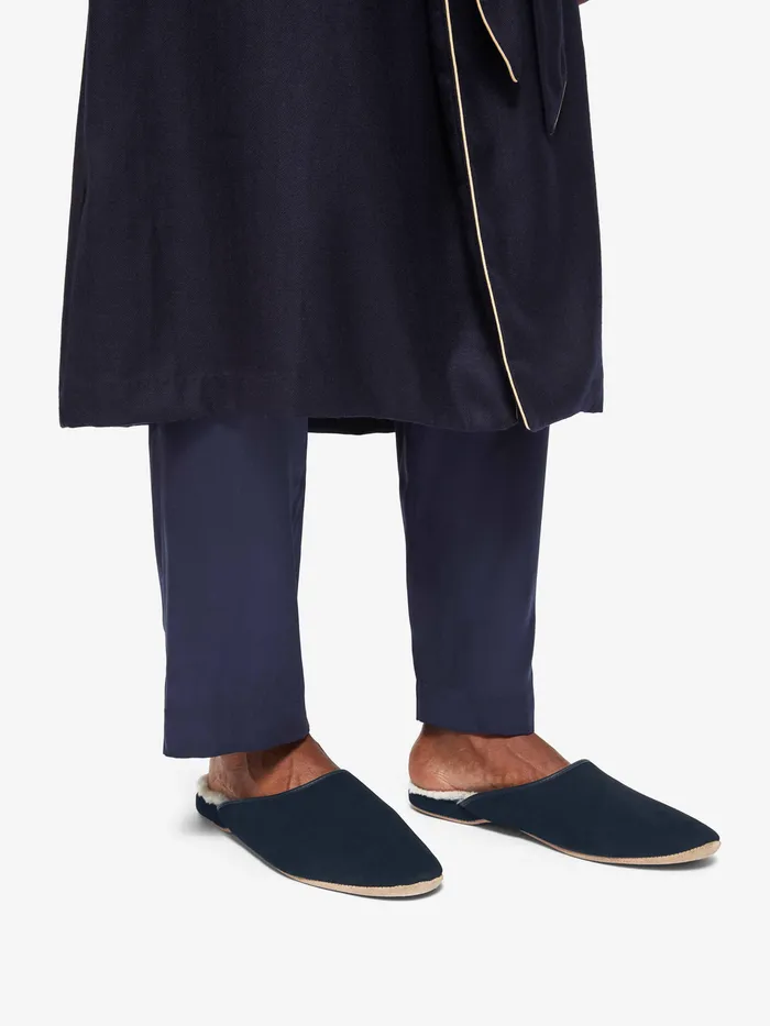 Derek Rose Mule Slippers Douglas Suede Sheepskin Navy MenSlippers Slippers
