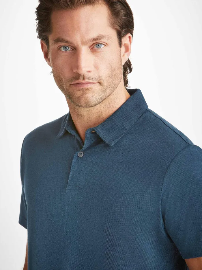 Derek Rose Polo Shirt Ramsay Pique Cotton Tencel Denim Men Casual Shirts