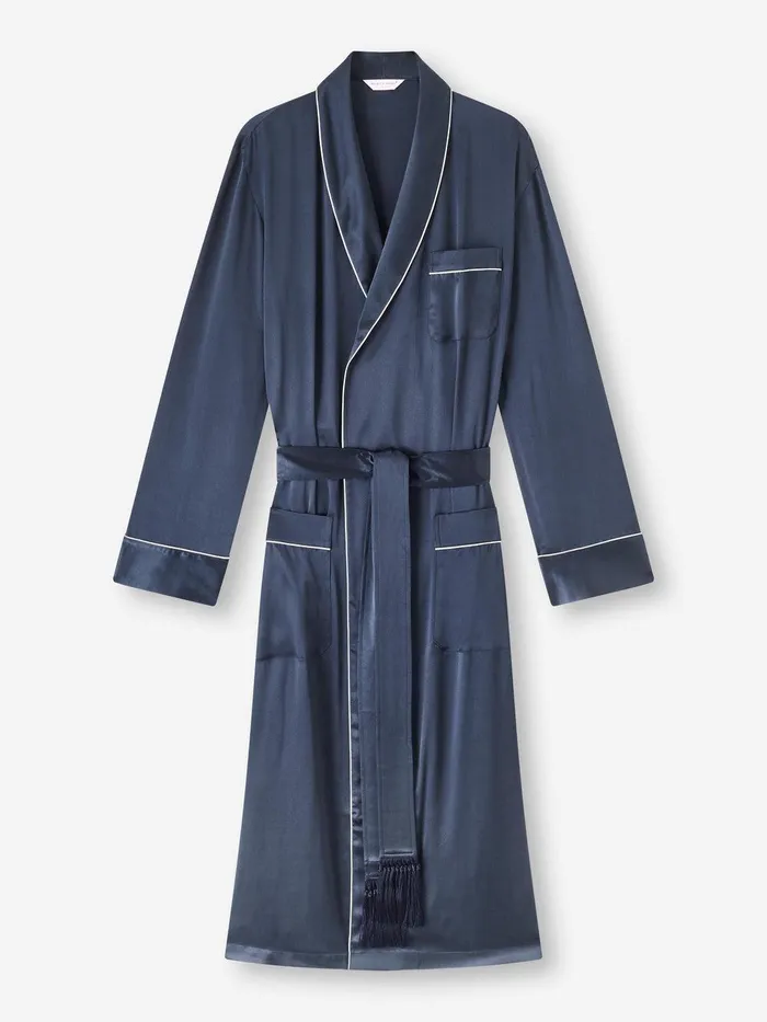 Derek Rose Robe Bailey Silk Satin Navy Men Silk Robes